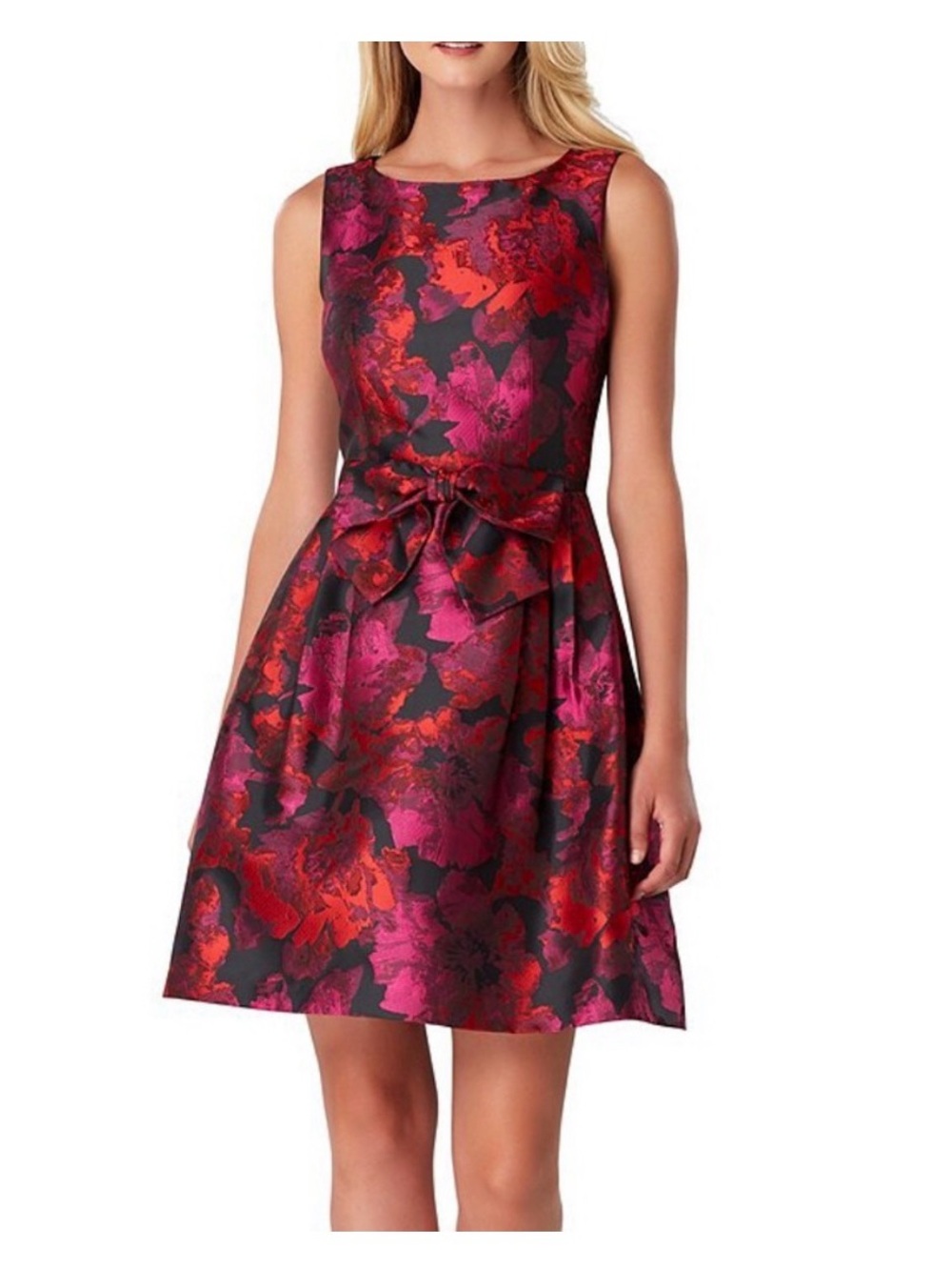Tahari Floral Jacquard Mini Dress in Fuchsia and Red